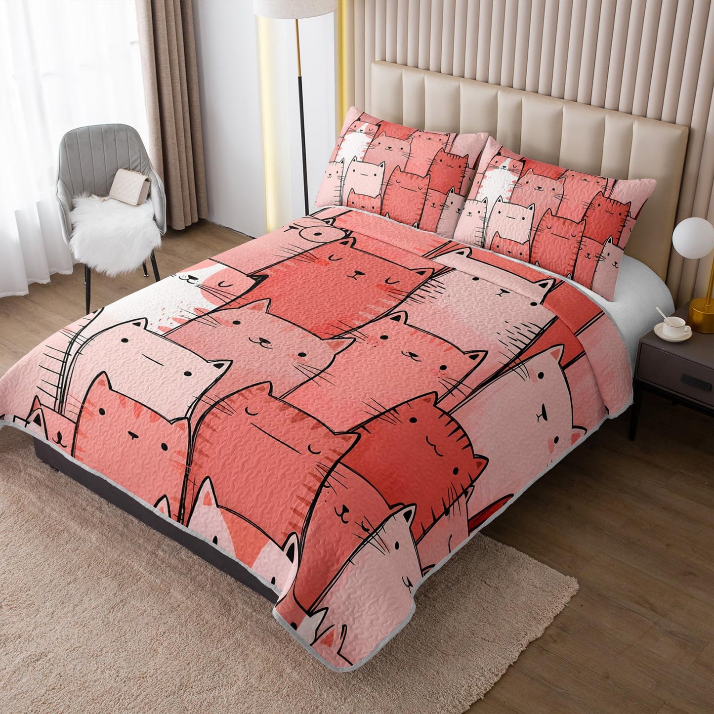 AILONEN Full Quilted Comforter 3 Piece Set, Kawaii Kitten Bedspread Coverlet with 2 Pillowcases, Breathable Coral Pet Bedding for Teens Guest Apartment Playful Feline Sketchy Style