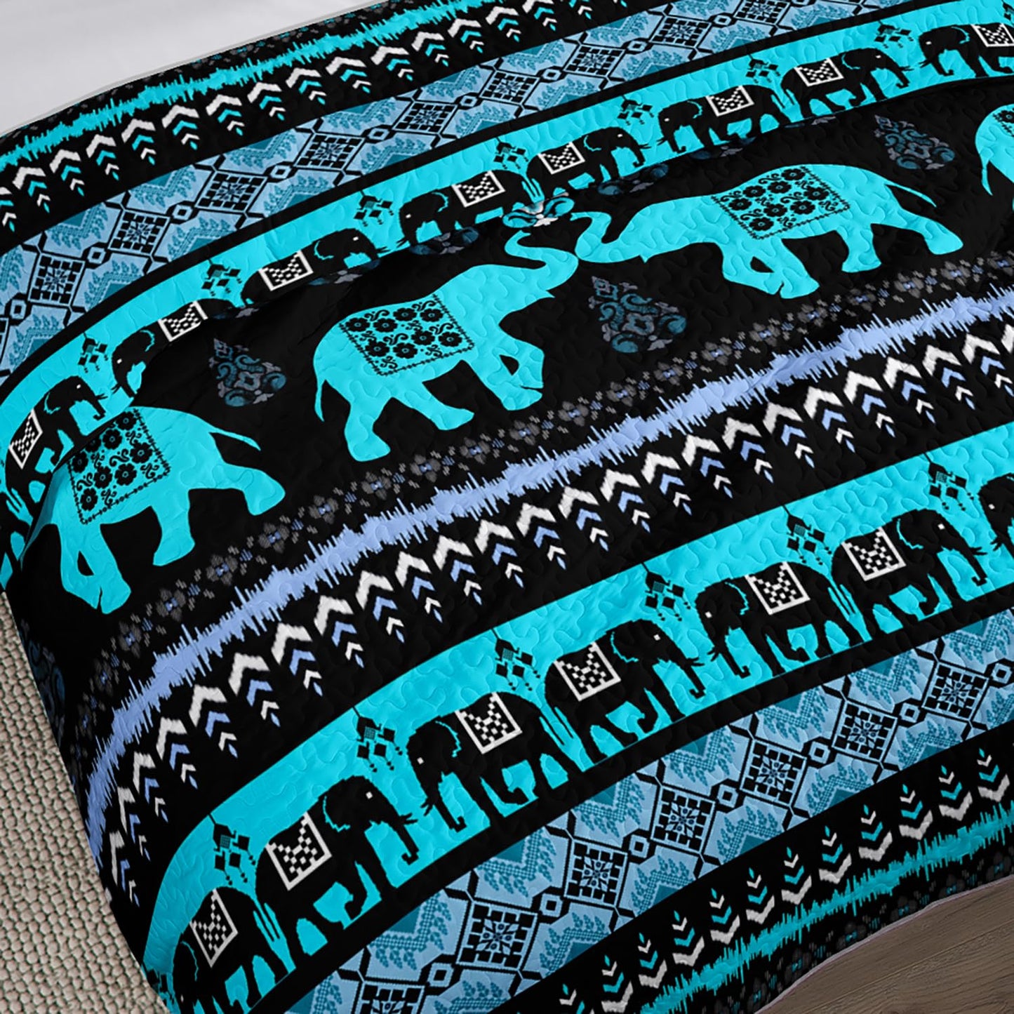 UEVBF Blue Elephant Queen Quilted Bedding Sets,Boho Style Bedding Summer Quilt for Adults Kids,Soft Lightweight Exquisite Quilted Sets with 2 Pillowcases.