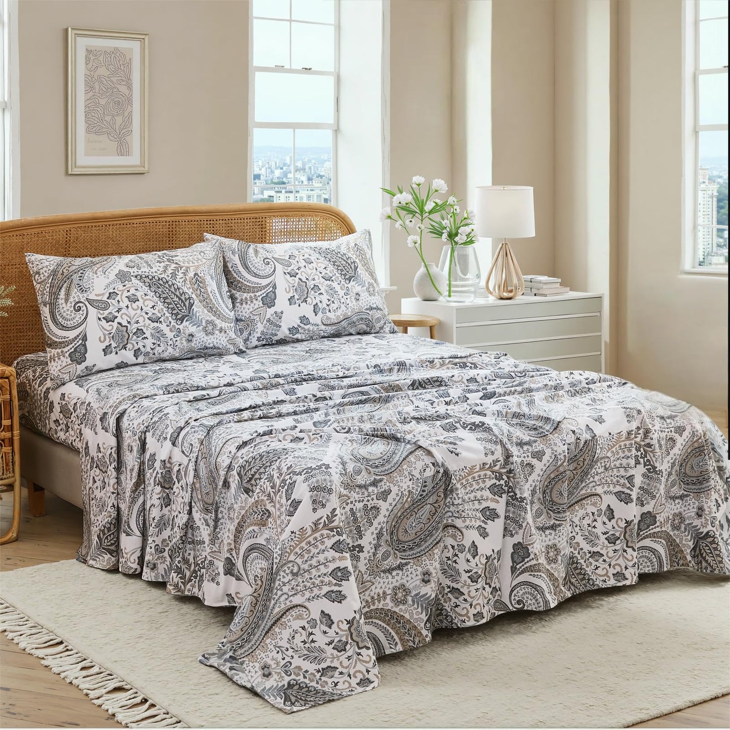 Cozaline 100% Cotton Sheet Set Queen Size – 4-Piece Luxury Grey Paisley Bedding Set, Extra Soft Breathable Percale Weave, Deep Pocket Fitted Sheet 17.5", Crisp Cool Feel Bed Sheet