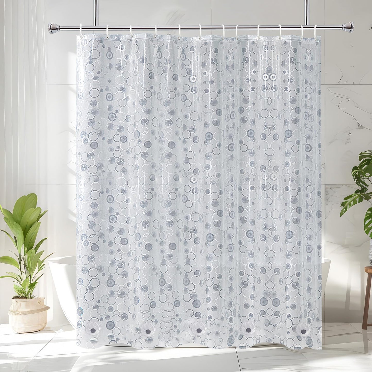 AooHome 72x75 Plastic Shower Curtain Liner - EVA 3D Circle Pattern Design Standard Bathroom Shower Curtain with Hooks, 5 Bottom Magnets, 10G Heavy Duty, Water Repellent, Semi Transparent, 72x75 Inch