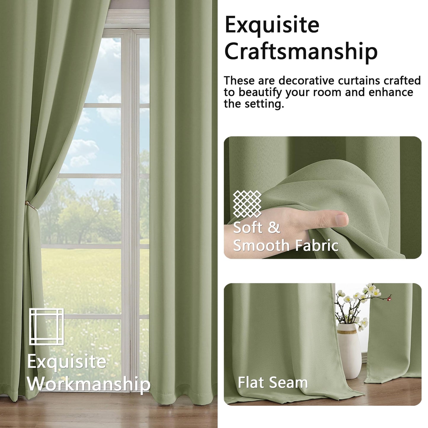 Simplebrand Sage Green Room Darkening Curtains for Bedroom 63 Inch Length 2 Panels Set, Thermal Insulated Energy Saving Curtains for Kids Room, Grommet Solid Nursery Window Treatment Drapes, W40 x L63