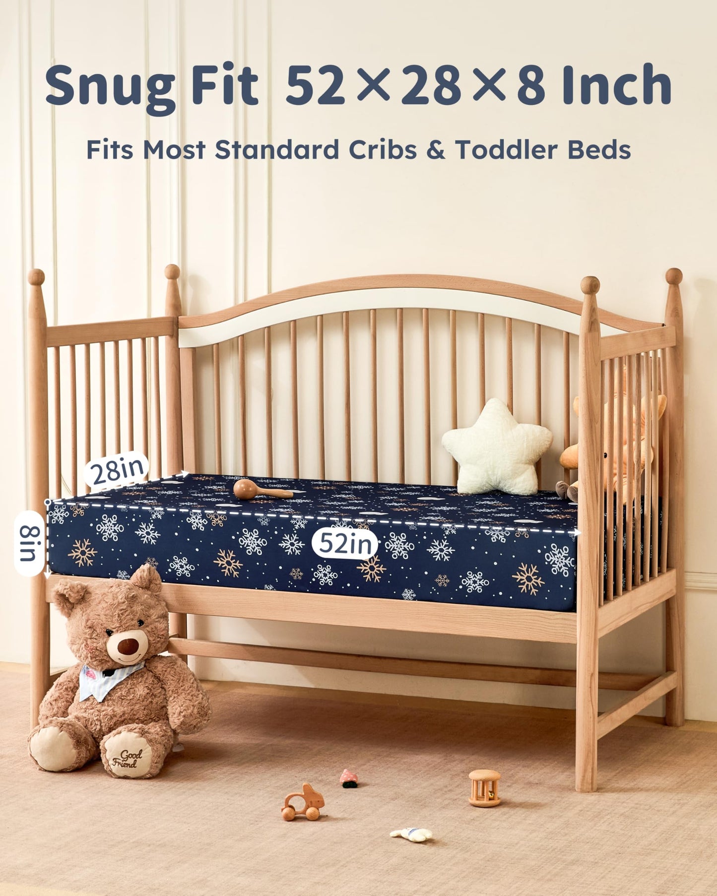 FIEMOL Baby Crib Sheets for Boys and Girls, Toddler Bed Sheets Fitted for 52”x28”Standard Crib and Toddler Mattresses, 4 Pack Soft Stretchy Microfiber Blue Snowman