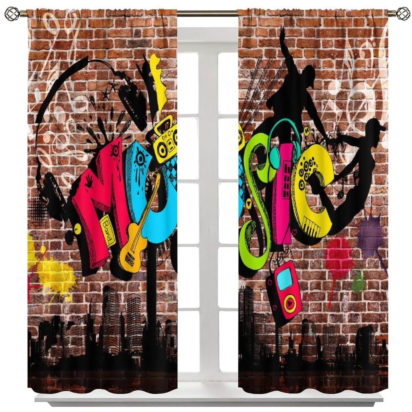 wlsgdsg Music Curtains for Kids Retro Country Upbeat Music with Dancing Notes On The Staff Print for Boys Girls Bedroom Living Room Bathroom 42x44.5In（No Blackout）