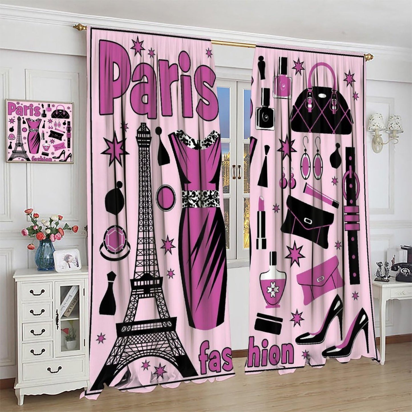 VUMIVI Paris Fashion City Curtains Eiffel Tower Perfume Modern Decor Dresses Pink Illustrations Rod Pocket Window Treatments for Bedroom Kitchen Living Dining Apartment Dorms Cafe 42" W X 44.5" L