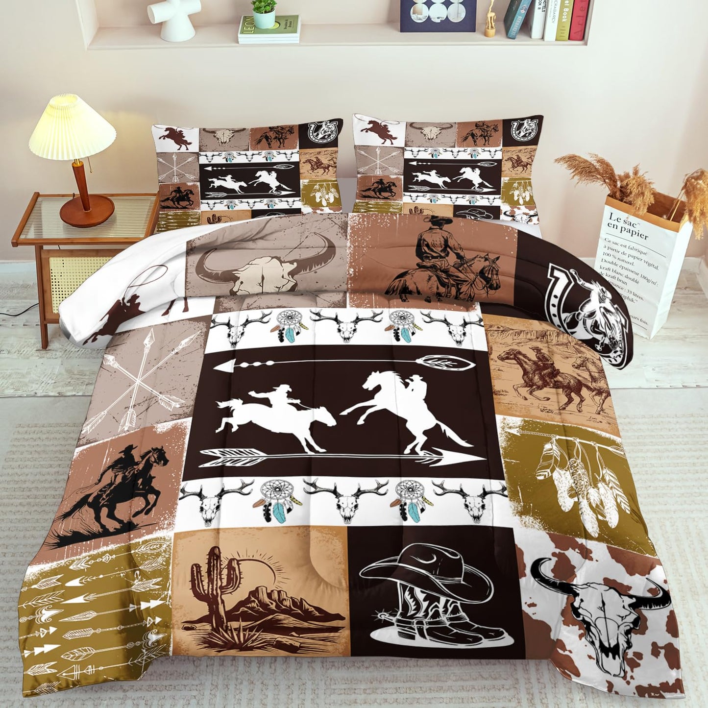 llyxsesty Cowboy Comforter Set Queen Western Bedding Set for Teens Desert Cactus Comforter Queen Hunting Quilt Farmhouse Bedroom Decor America West Bedding Country Home Decor Bedroom