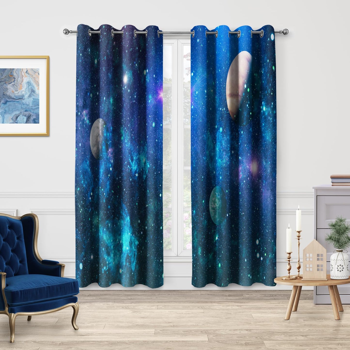 Jekeno Galaxy Planets Blackout Curtains Outer Space Universe Nebula Star Sky Drapes Decorations Home Bedroom Nursery Apartment Living Room Darkening Grommet Window Treatments 2 Panels Set,52"x84"