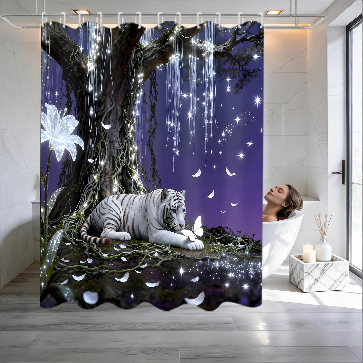 4 Piece Purple and White Shower Curtain Set with Rugs, Dreamy White Tiger & Butterfly Under Glowing Tree, Fantasy Aesthetic Waterproof Fabric Bathroom Decor, Non-Slip Mats & Toilet Lid Cover