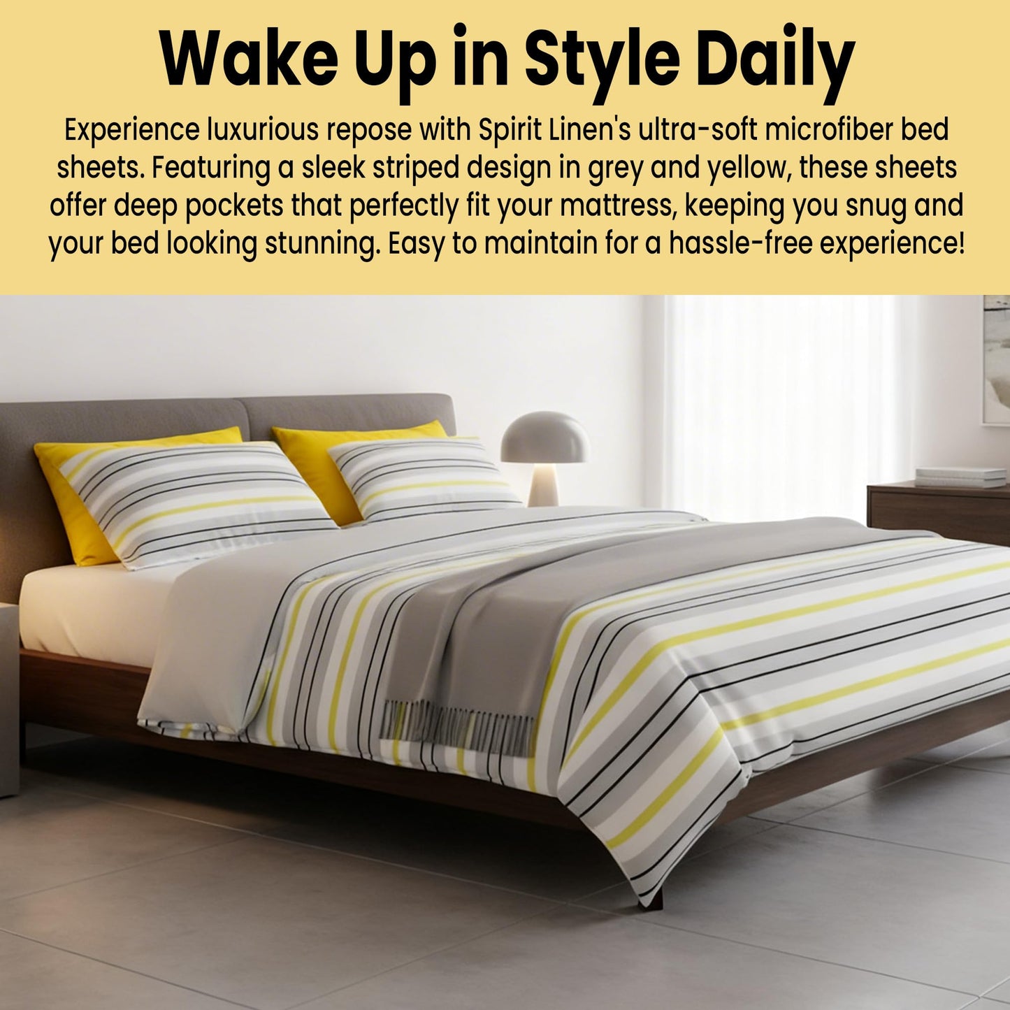 Spirit Linen home 6-Piece Twin Size Bed Sheet Set - Deep Pocket, Striped Pattern, Soft and Breathable Bed Sheets, Microfiber Material, Includes 1 Fitted, 1 Flat, 4 Pillowcases - Grey/Yellow Stripe