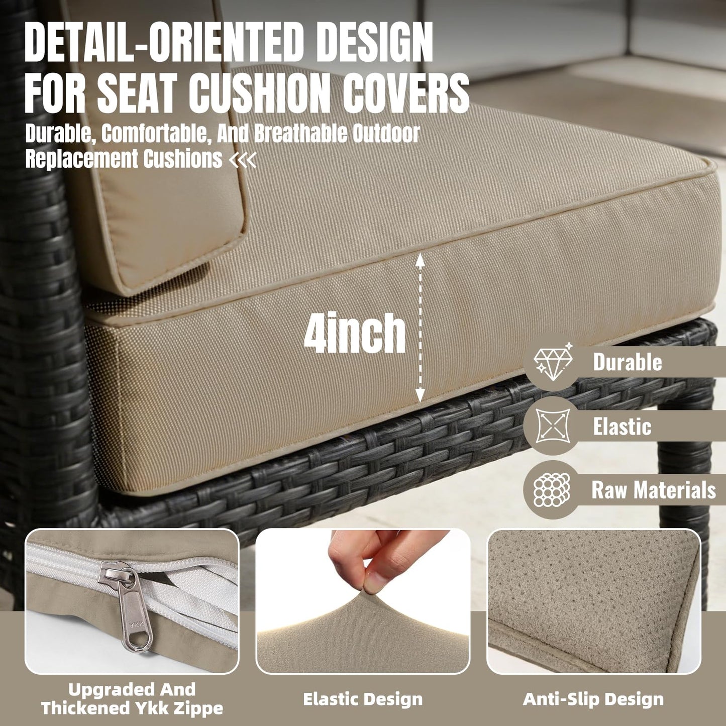 Cabubra 14pcs Outdoor Patio Furniture Cushion Covers, Waterproof & Sun-Resistant Zippered,Fit for Patio Furniture Sectional Sofas and Wicker Rocking Chairs,3 Sizes,Sand,Covers Only