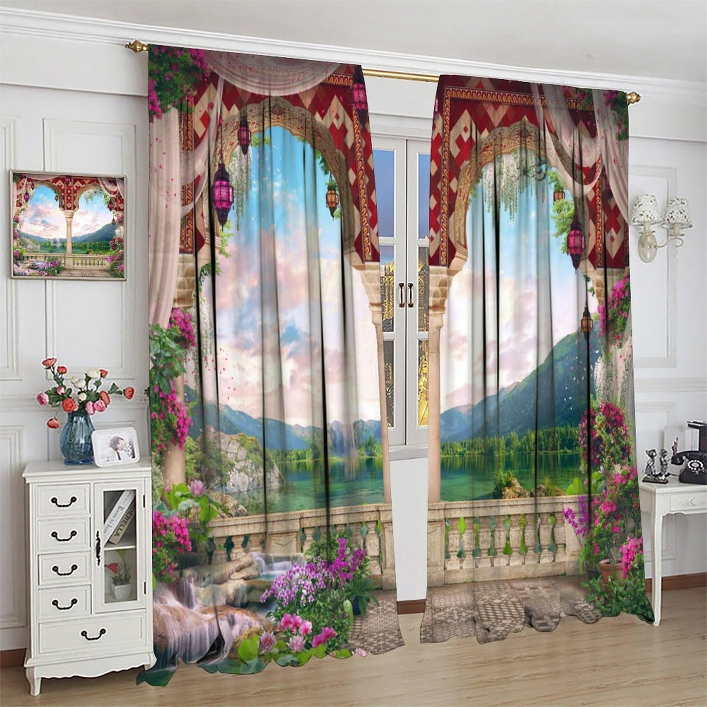 Italian Landscape Curtains for Kitchen Garden Waterfall Lake Nature Scenery Print Pattern Decorative Window Treatments for Bedroom Living Room Bathroom 41x44.5in（No Blackout）