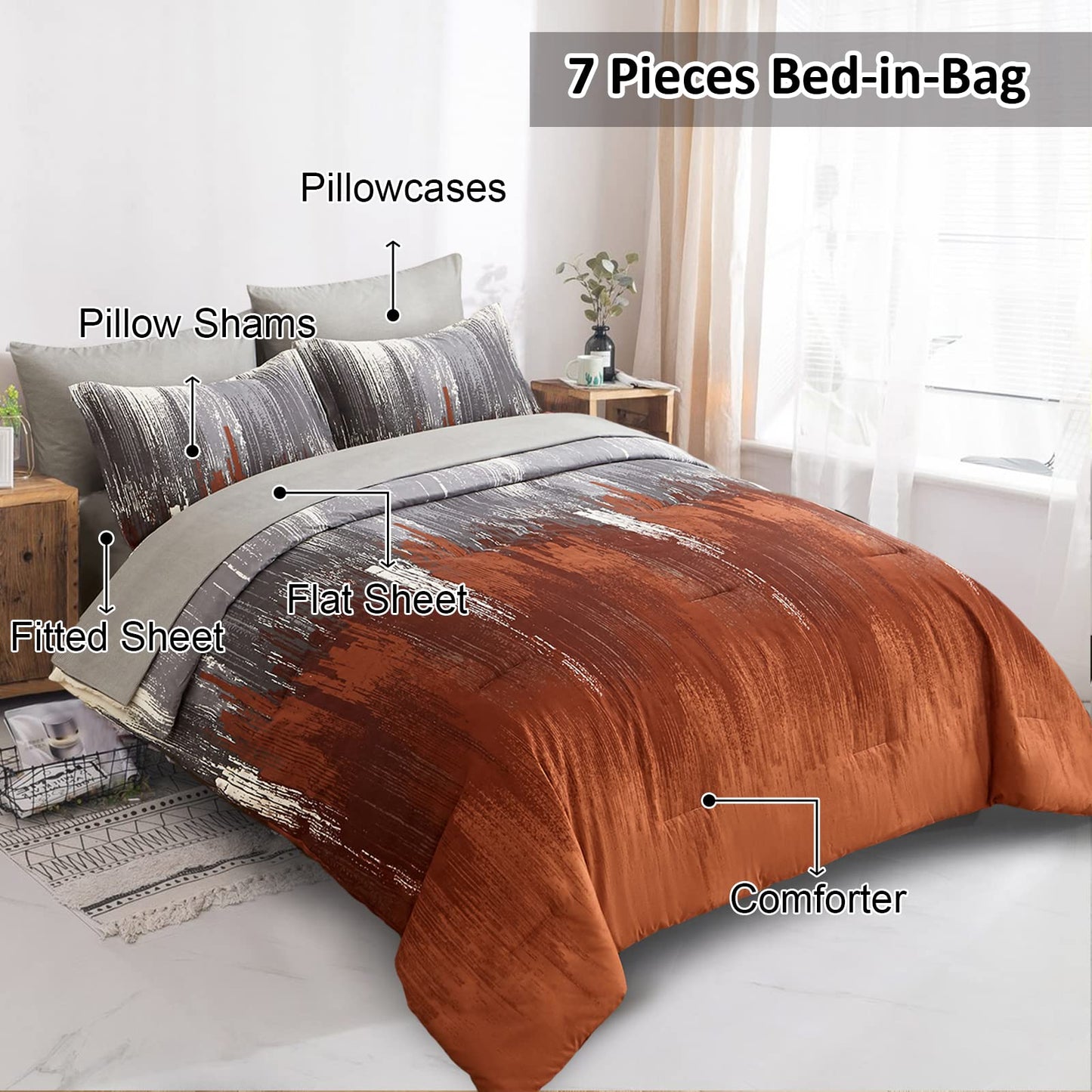 WONGS BEDDING Comforter Set King, Burnt Orange 7 Pieces Bed in a Bag Abstract Gradient Soft Microfiber Terracotta Bedding Set with Flat Sheet, Fitted Sheet, Pillow Shams, Pillowcases