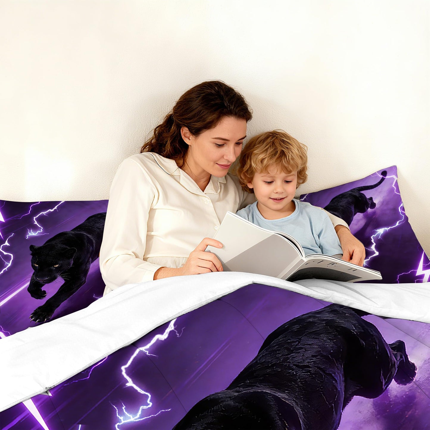 VTKON Purple Panther Comforter Set Full Size Lightning Black Leopard Bedding Set for Boys Teens Thunderbolt Cheetah Duvet Animal 3 Piece with 1 Comforter 2 Pillow Cases