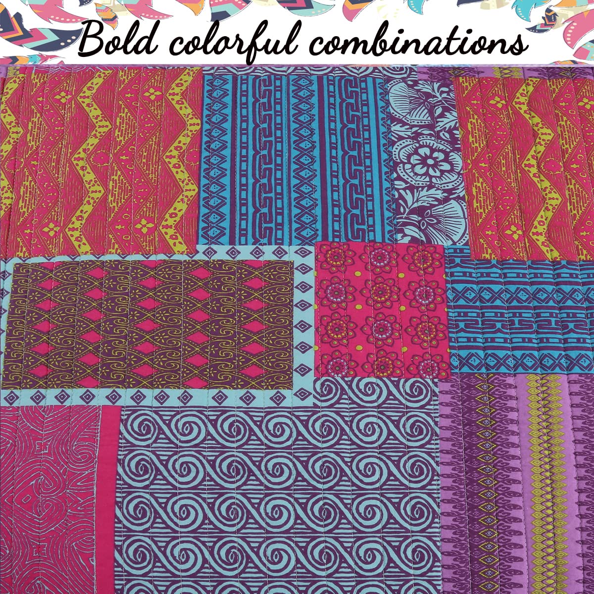 Cozy Line Home Fashions 100% Cotton Artsy Bohemian Purple Blueberry Fuchsia Patchwork Reversible Quilt Bedding Set, Coverlet Bedspread for All Seasons (Boho Chic, King - 3 Piece)