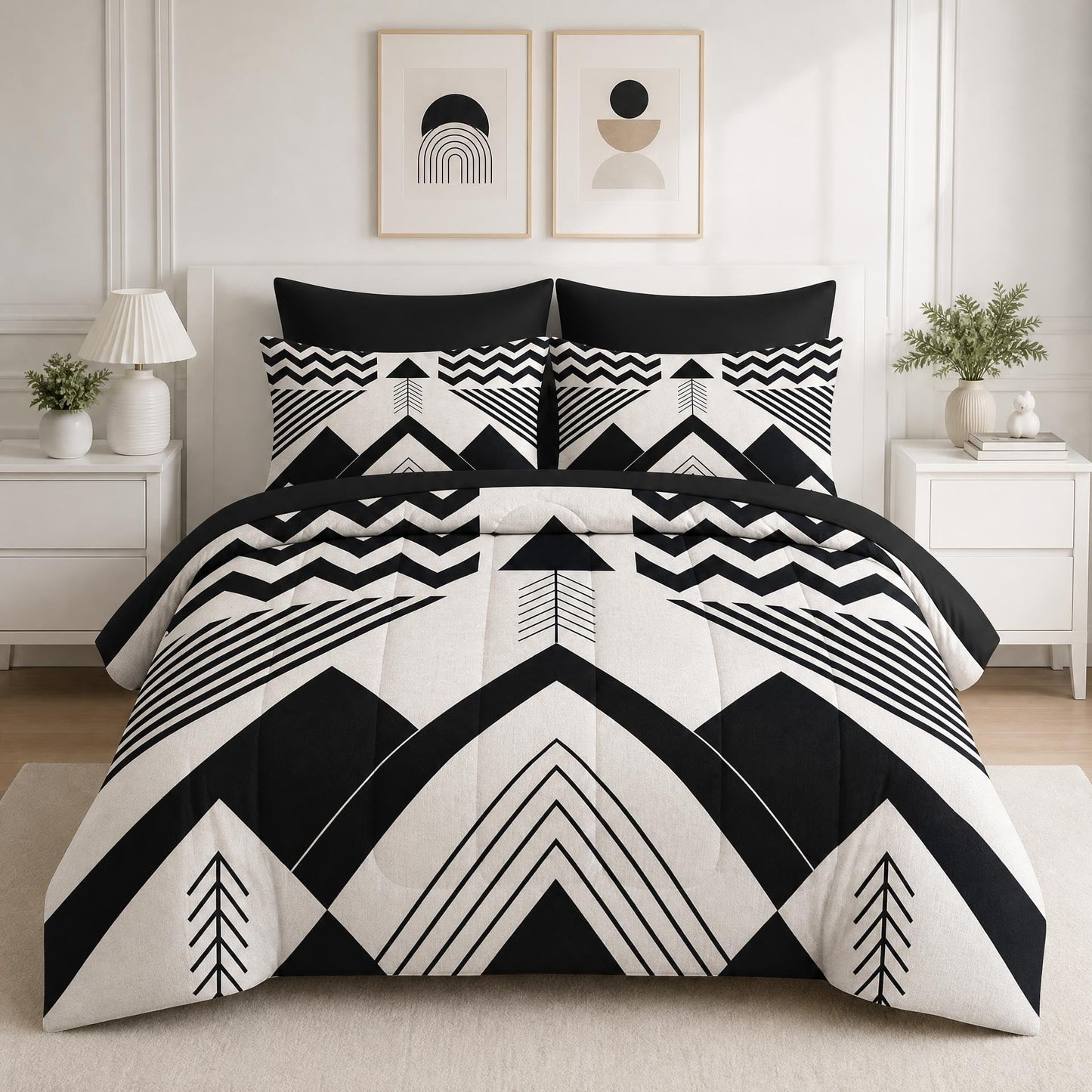 Boewywh Comforter Set Twin Size Mountain Geometric Boho 7 Pcs, Bedding for Kids and Adults, Aztec Black Bed Sheet Sets with Fitted Sheet 2 Pillowcases & 2 Shams for Bedroom Bed Decor