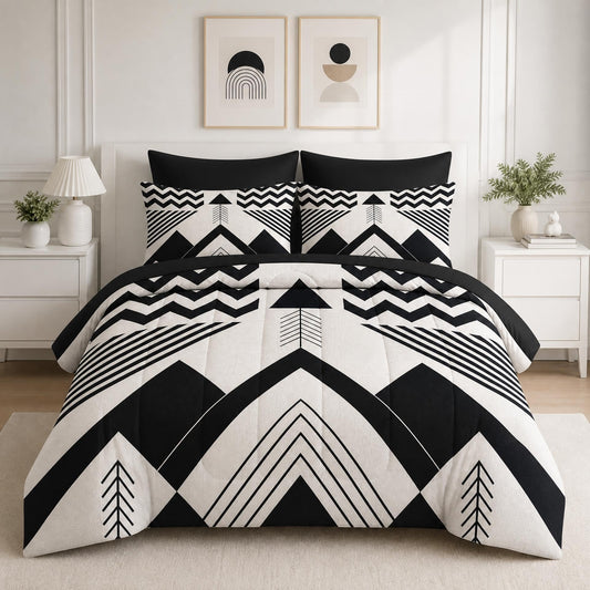 Boewywh Comforter Set Twin Size Mountain Geometric Boho 7 Pcs, Bedding for Kids and Adults, Aztec Black Bed Sheet Sets with Fitted Sheet 2 Pillowcases & 2 Shams for Bedroom Bed Decor
