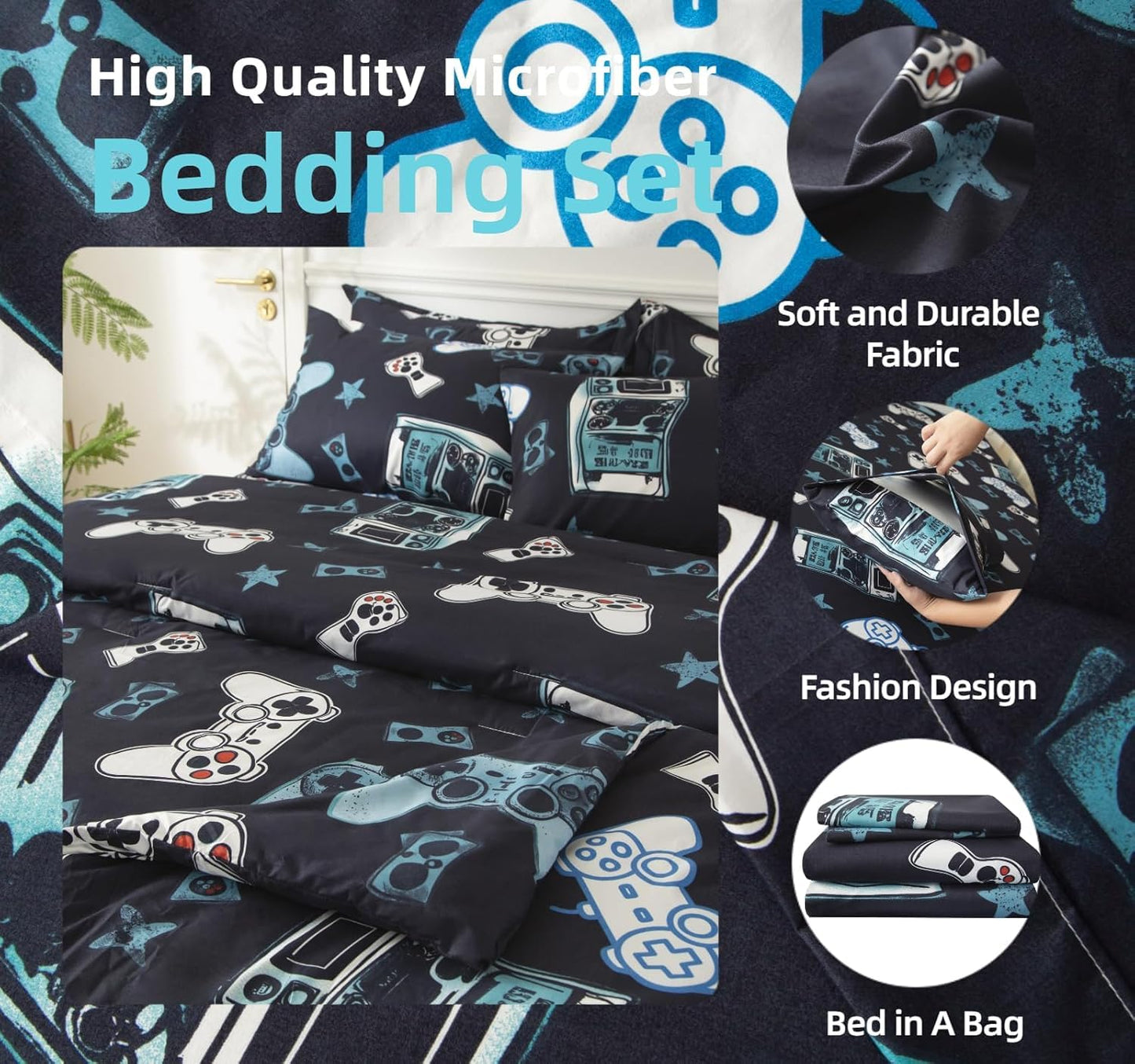 SDY 7PCS Twin Gaming Console Comforter & Sheet Set，Soft Cute Gamer Microfiber Bedding for Kids, Boys & Toddlers Room Decor,Includes 1 Comforter, 1 Flat&Fitted Sheet, 2 Pillowcases & 2 Pillow Shams