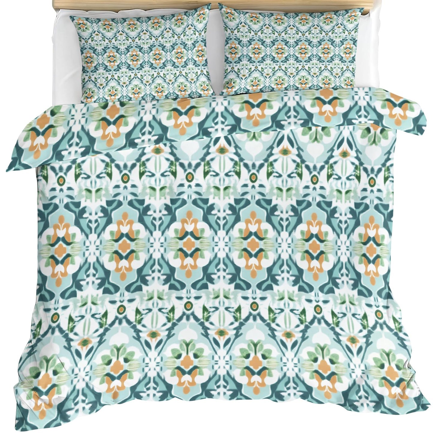 ZAMODE Southwestern Duvet Cover 120" x 98", Vintage Teal Flower Bedding Set, Mid Century Modern Comforter Cover with Zipper Ties