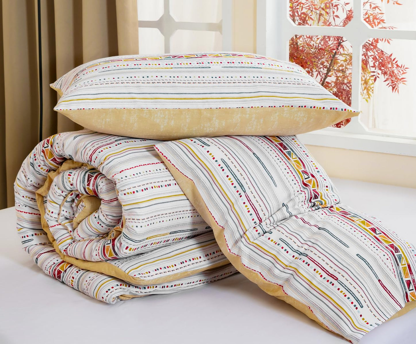 SLEEPBELLA Comforter Queen Size, 600 Thread Count Cotton Yellow Boho Pattern Light Yellow Reversible Comforter Set,Down Alternative Bedding Set 3Pcs(Queen, Yellow Boho)