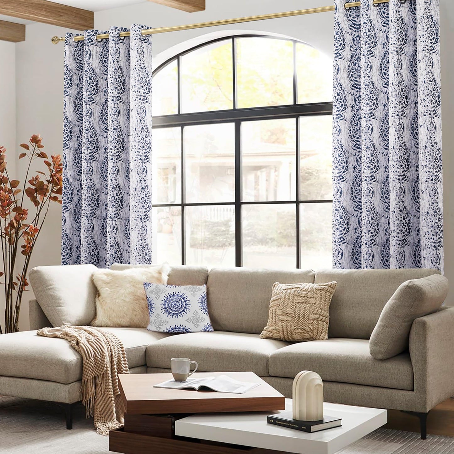 84 Inch Length Navy Blue Pattern Curtains for Living Room 2 Panel Set Grommet Damask Medallion Print Textured Grey Cream White Jacquard 50% Blackout Darkening Window Curtain Drapes for Bedroom