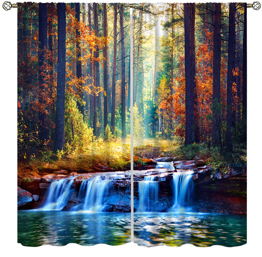 AAVEUP Natural Forest Blackout Curtains for Kitchen,Vintage Rustic Primitive Maple Forest Waterfall River Landscape Window Drapes Print for Boys Girls Bedroom Living Room 63x63in