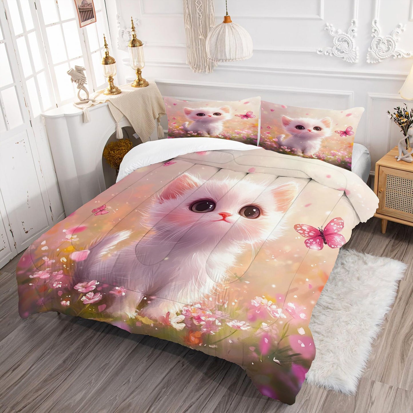 EDGZKO Pink Cat Comforter Set: Full Size Cute Kitten Floral Bedding Sets Kawaii Cartoon Cat Butterfly Flower Quilt for Kids Girls Teens Women Soft Bed Set 1 Comforter & 2 Pillowcases