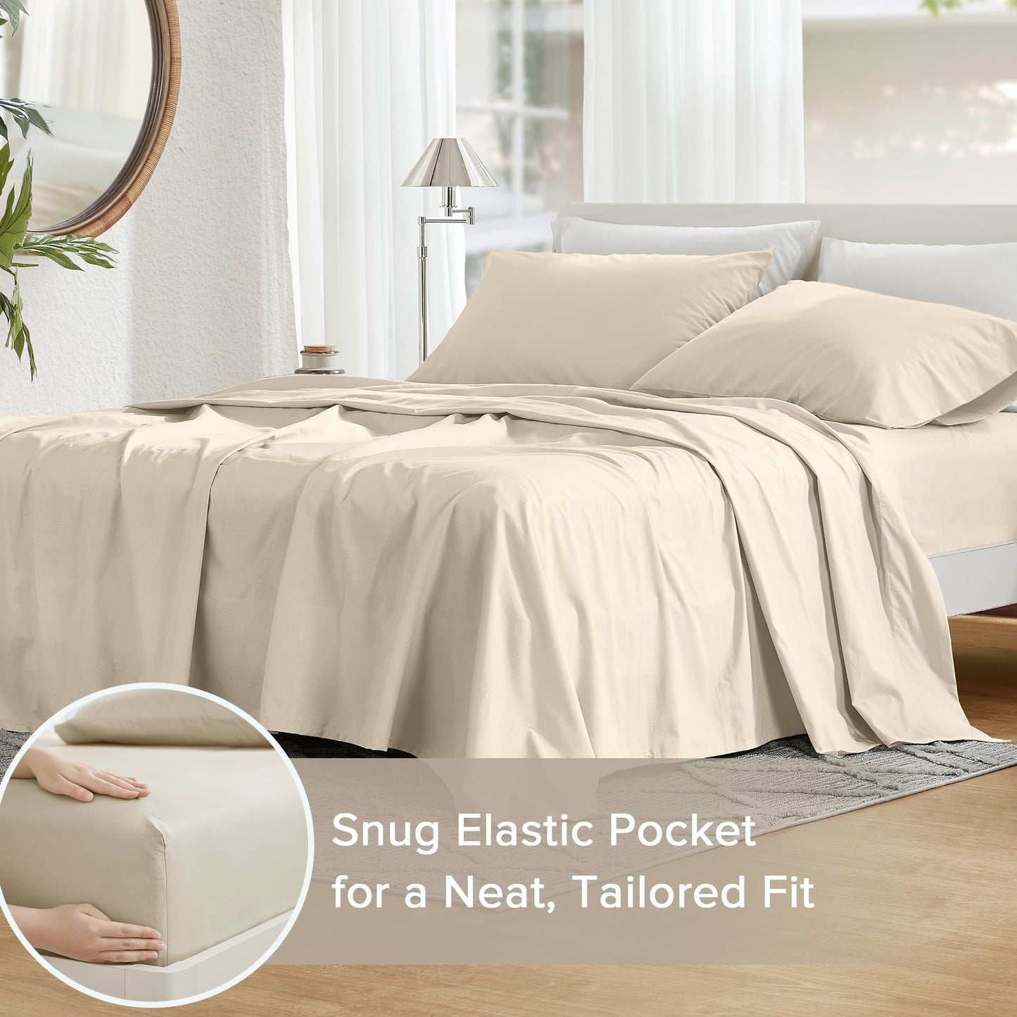 Comfort Spaces 100% Cotton Sheets Cal King, Breathable & Soft Cotton Sheets, Naturally Cool Cotton Bed Sheets with 14" Elastic Pocket Fits up to 16" Mattress, All Seasons Sheet Set, Cream 4 Piece