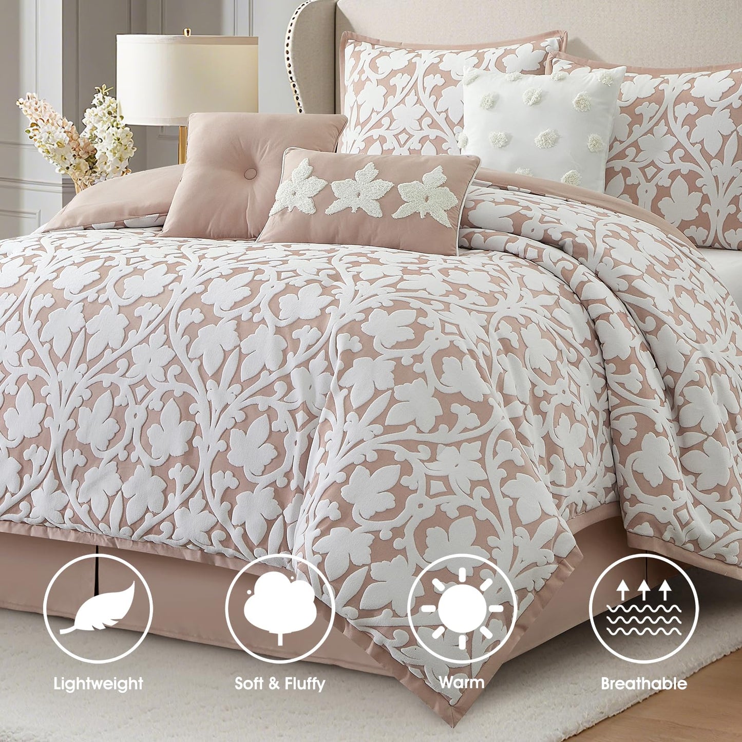 LANCO MODERN LIFESTYLE 7 Pieces Comforter Set, King, Blush, Jacquard Floral Pattern and Classy Damask Medallion Design, Ultra Soft, Includes Bed Skirt, Shams, and Decorative Pillows