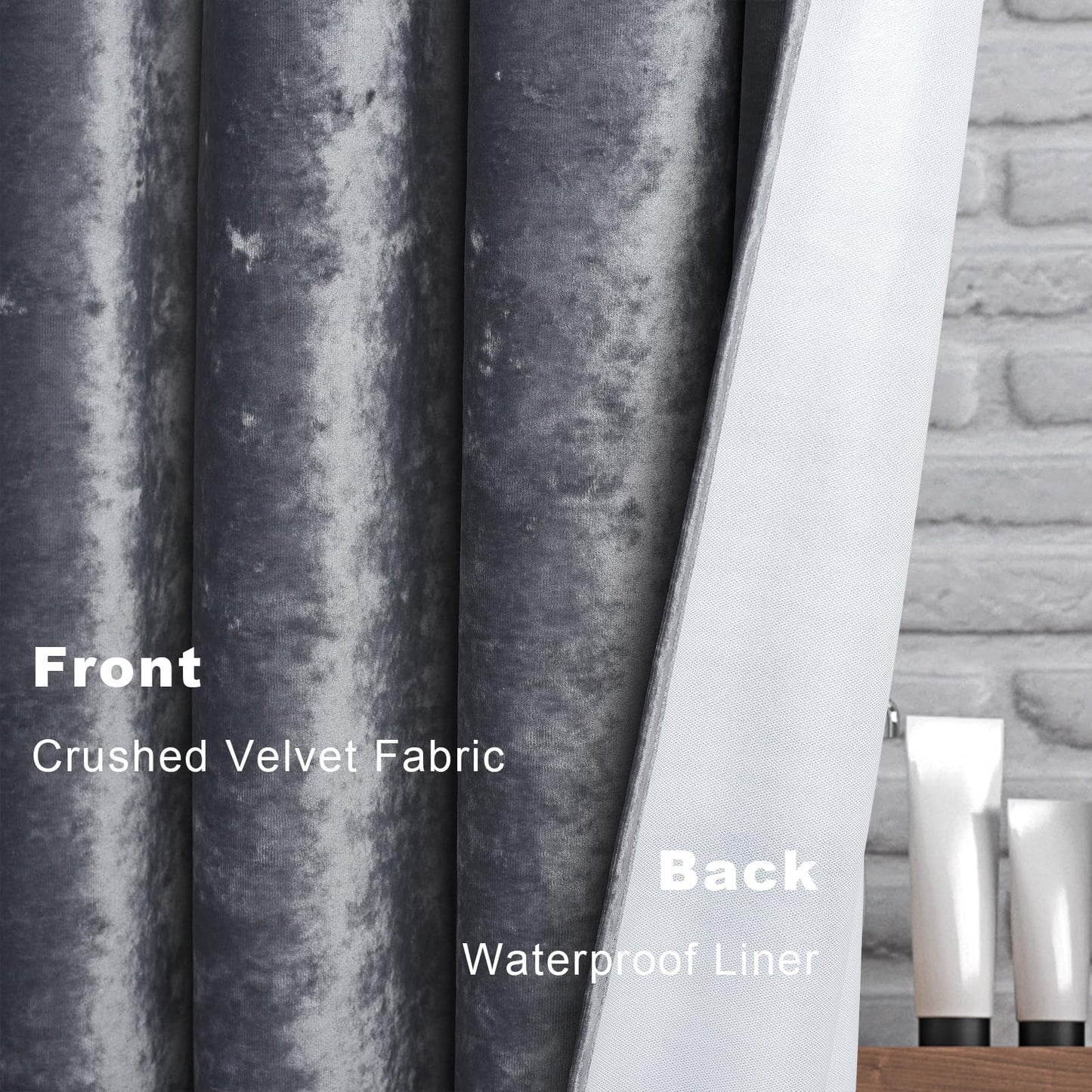 TAMGHO Crushed Velvet Shower Curtain, Grey, 72x72 Inches, Waterproof Gray Velvet Fabric with Nickel Hooks, Machine Washable
