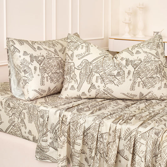 Huborise Light Brown Boho Bed Sheets Queen Size 100% Cotton Satin Weave Elephant Printed, Tan Beige Vintage Sheets with Deep Pocket 17.5", Soft Breathable & Crisp,Luxury Cottagecore Toile Bed Set 4Pc