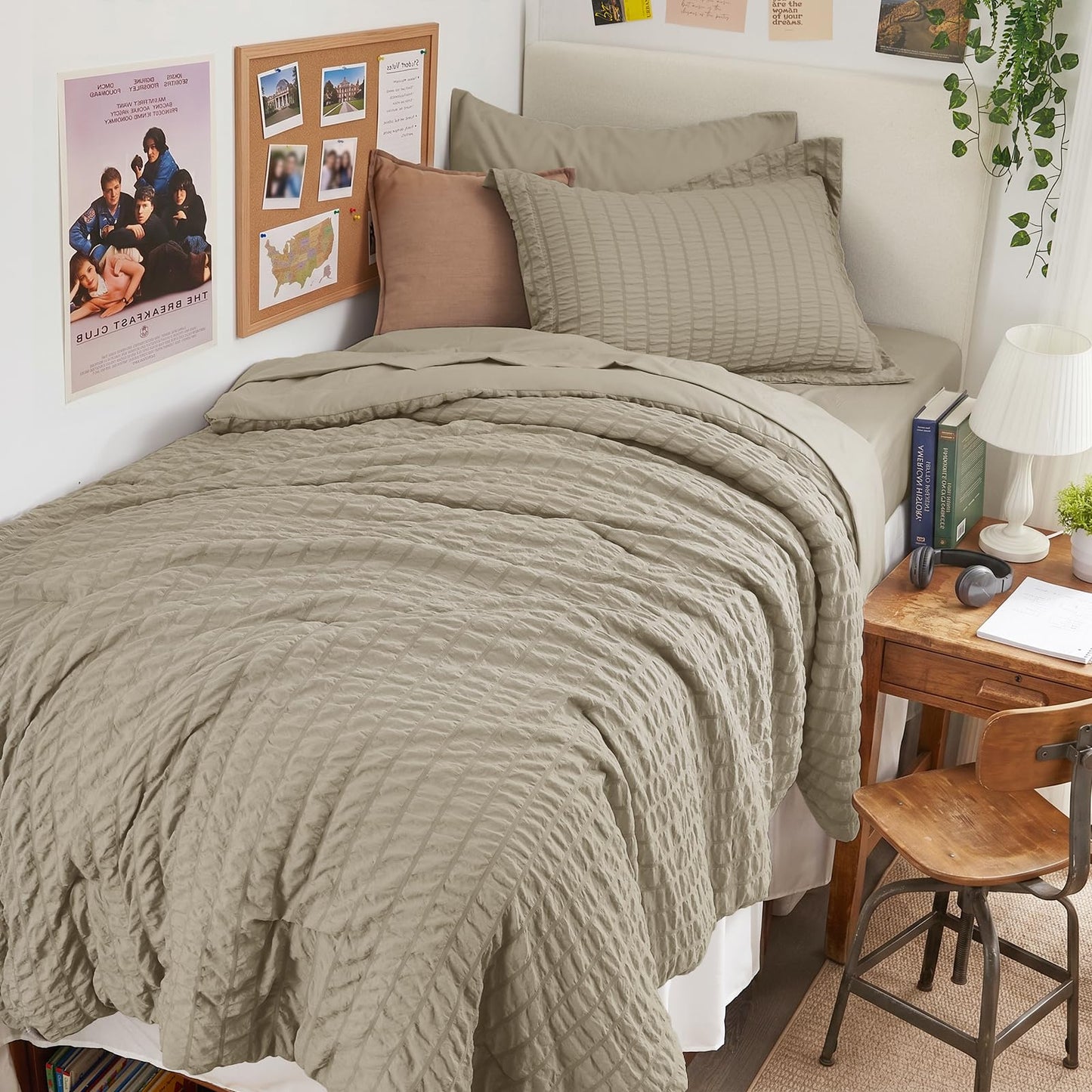 HYMOKEGE Linen Twin Comforter Set Seersucker 5 Pieces, All Season Luxury Bed in a Bag for Bedroom, Bedding Set with Comforter, Sheets, Pillowcase & Sham
