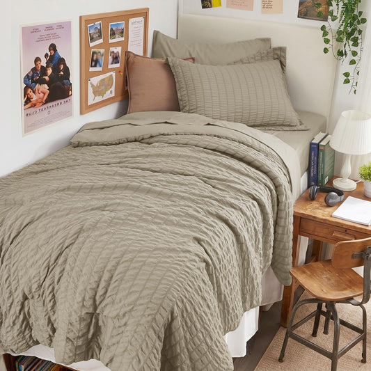 HYMOKEGE Linen Twin Comforter Set Seersucker 5 Pieces, All Season Luxury Bed in a Bag for Bedroom, Bedding Set with Comforter, Sheets, Pillowcase & Sham