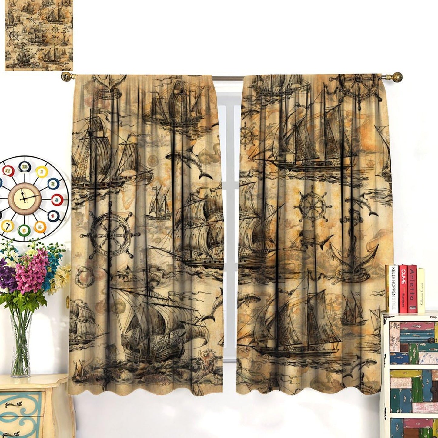 XBDDZSW Nautical Sailboat Map Curtains Sketch Pirate Ship Wheel Compass Starfish Coral Reef Nautical Map Pattern Print Window Drapes for Bedroom Living Room Kitchen Decor,2 Panel Set,42x45 Inch Decor