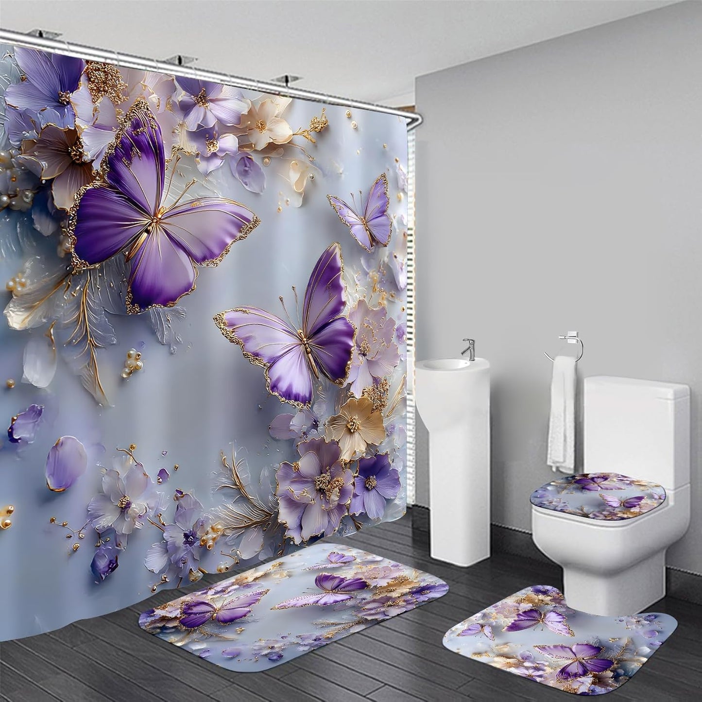 Chrainy 4 Pcs Purple Floral Butterfly Shower Curtain Set with Non-Slip Rugs, Modern Toilet Lid Cover and Bath Mat, Elegant Bathroom Decor Set with Hooks