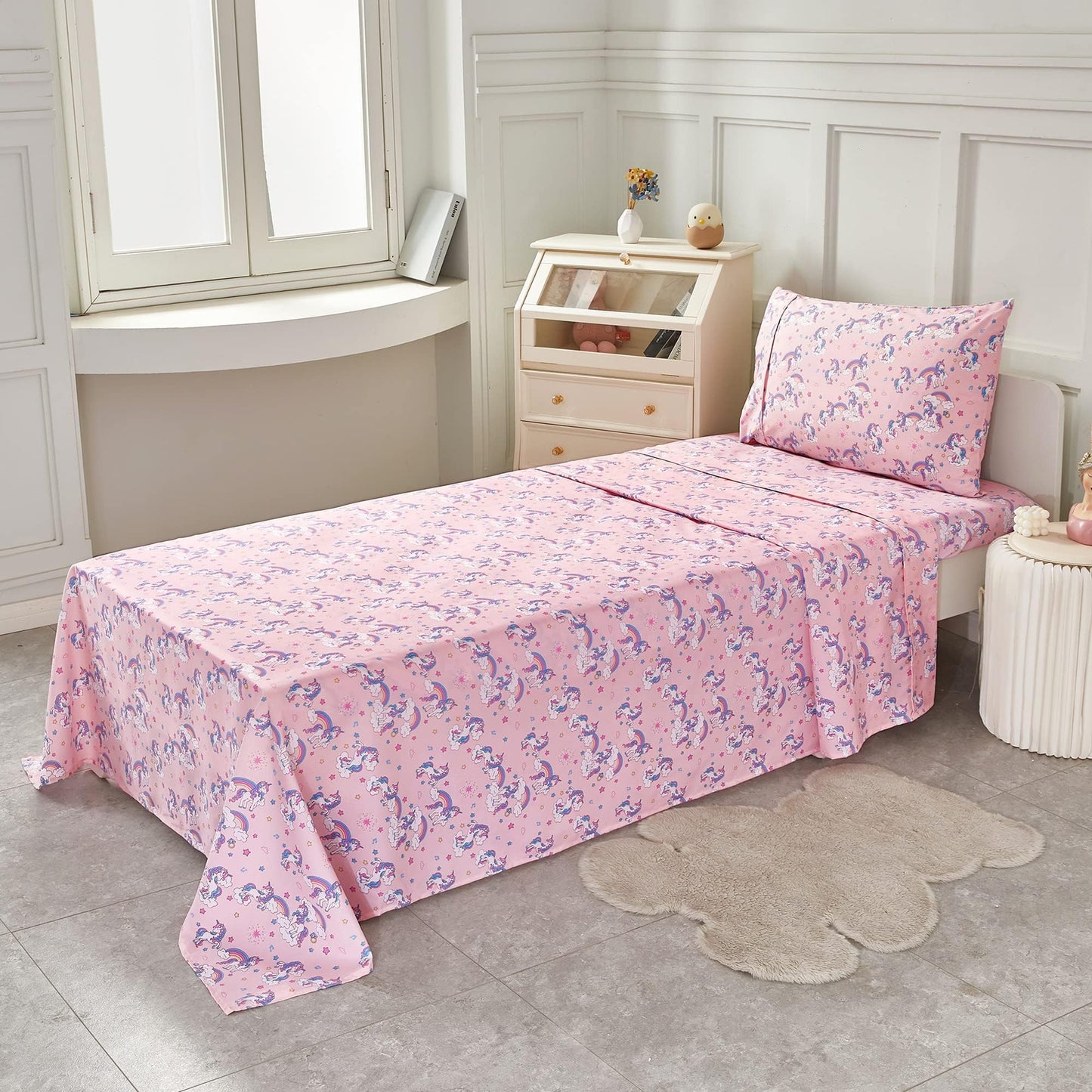 Softan Kids Bed Sheet Set, 3-Piece Twin Sheets Set, Microfiber Fitted Sheet with 15 Inches Deep Pocket and Corner Straps, Breathable & Silky Soft Pink Unicorn Pattern Sheet and Pillowcase Sets