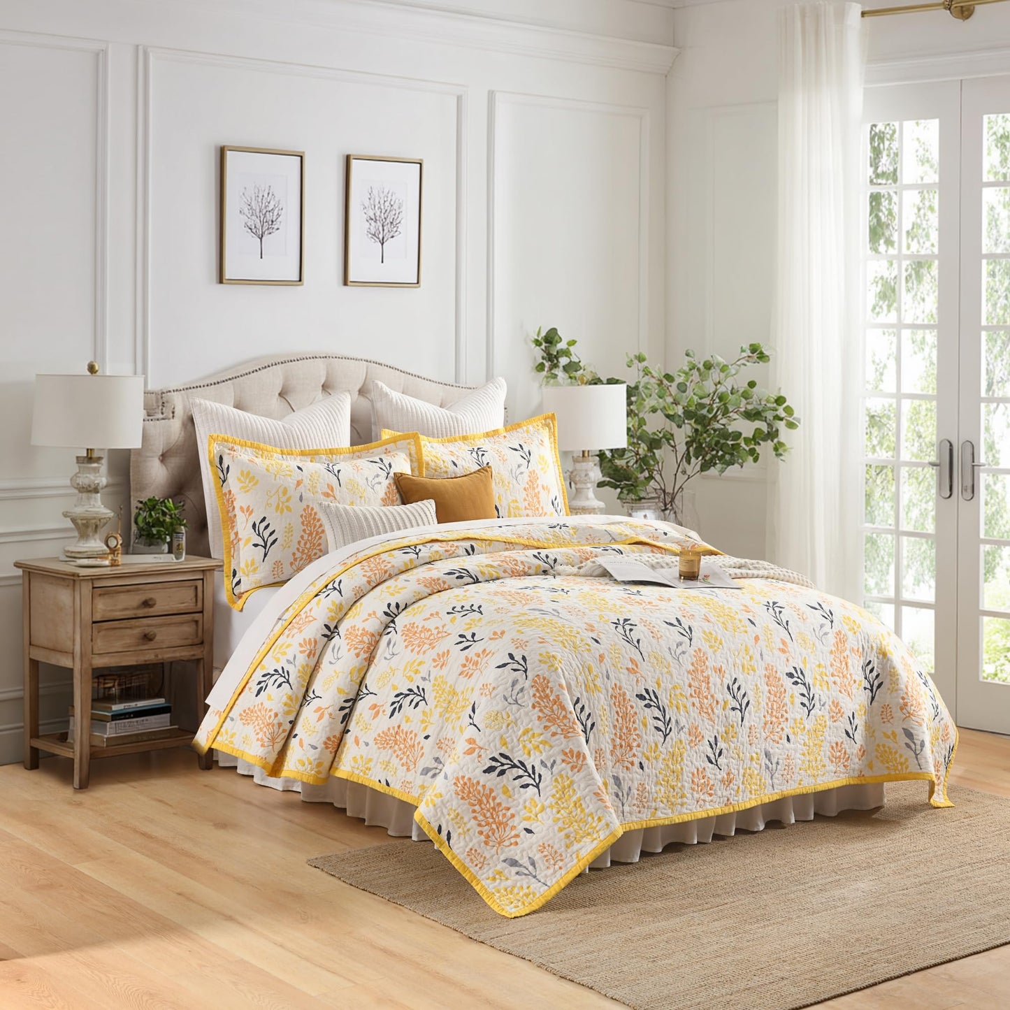 Cinefoso King Size Quilt - Floral Quilt Bedding Set 100% Cotton - Lightweight Farmhouse Bedspread for All Season 3-Piece - Yellow/White/Orange