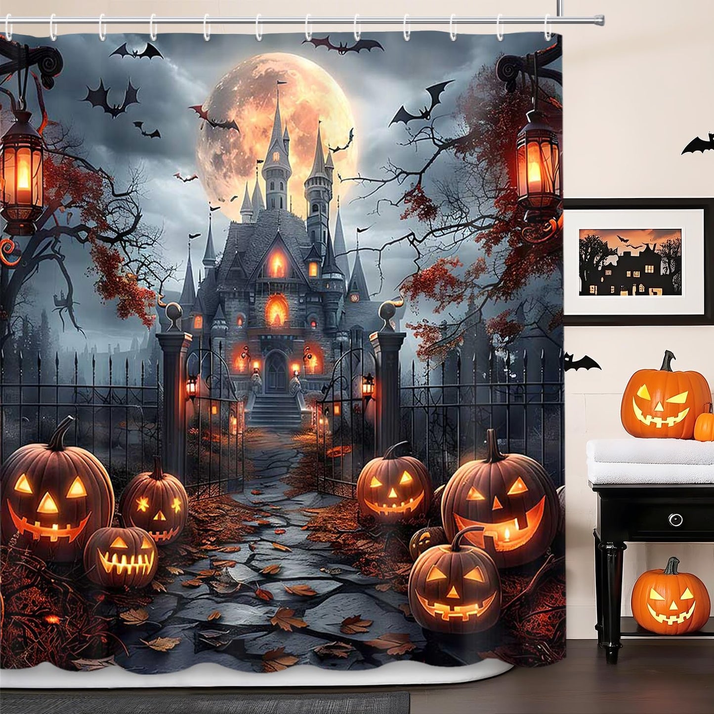 MEHOFOND Halloween Shower Curtain Scary Haunted House Evil Pumpkin Shower Curtains for Bathroom Scary Castle Horror Pumpkin Lantern Spooky Full Moon Night Gothic Dead Tree Bathroom Decor 72Wx72H Inch