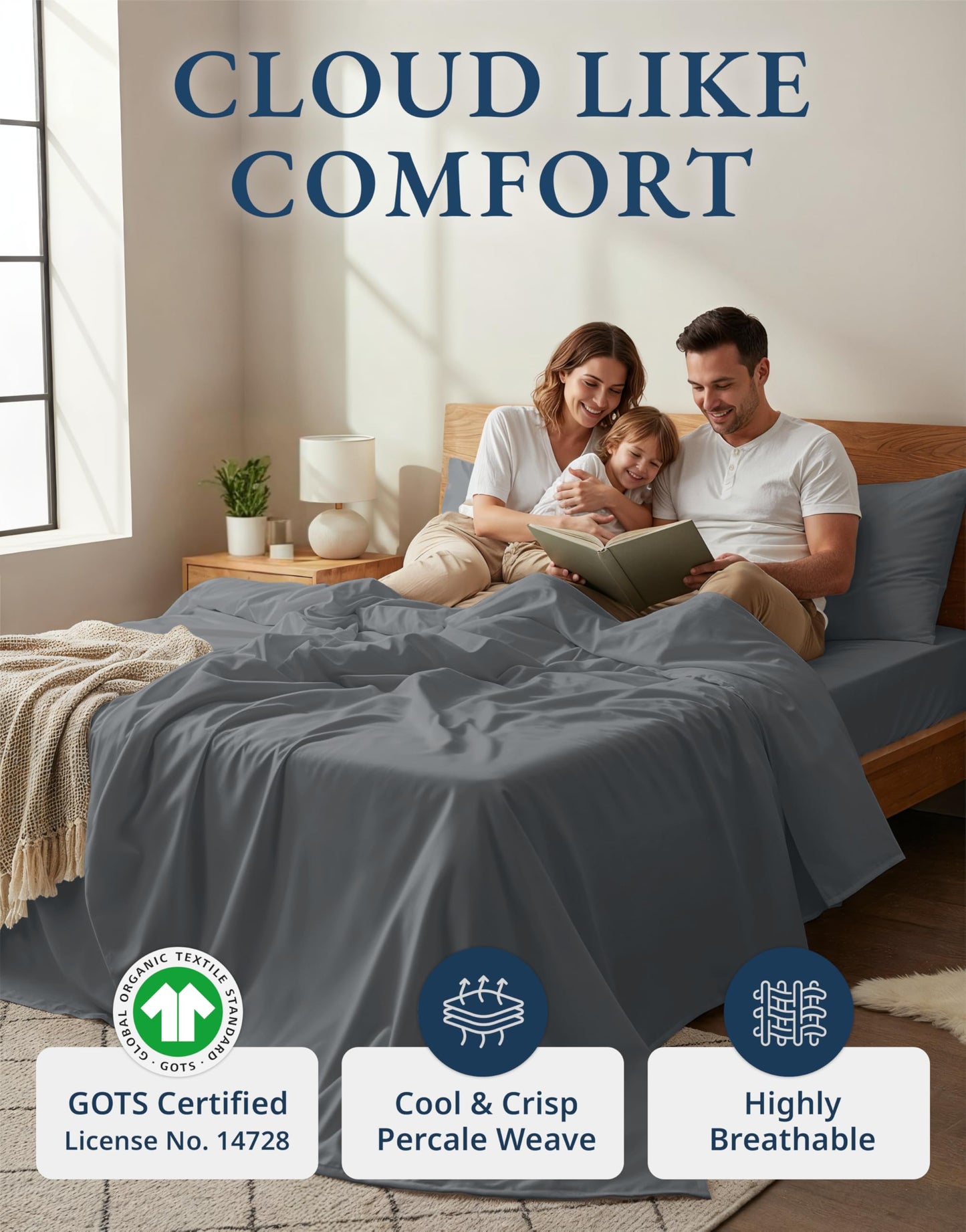 LANE LINEN Queen Sheet Set 100% Organic Cotton GOTS Certified Percale Weave Deep Pocket 4 Piece Soft Breathable Cooling Lightweight All Season Machine Washable Crisp - Charcoal