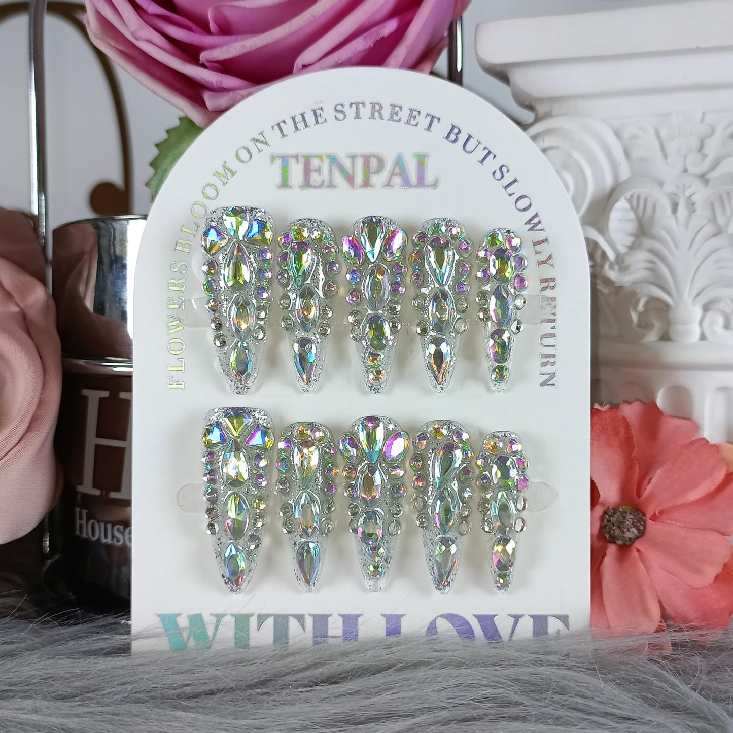 TENPAL 10Pcs Luxury Press On Nails Long Stiletto,Full Cover Crystal Glitter Fake Nail Set with Tools,Reusable Bride Wedding Nails for Bridal Party Bachelorette,Statement Making Glamorous Nail(XS)