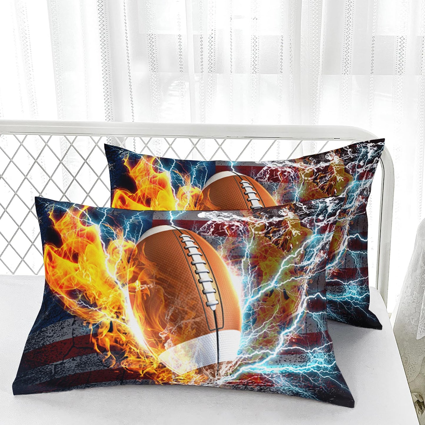 Nttopship Football Comforter Sets King Size, Bedding Sets 3PCS for Kids,US Flag and Fire Football Bedding Sets Sets All Season 1 Comforter and 2 Pillowcases