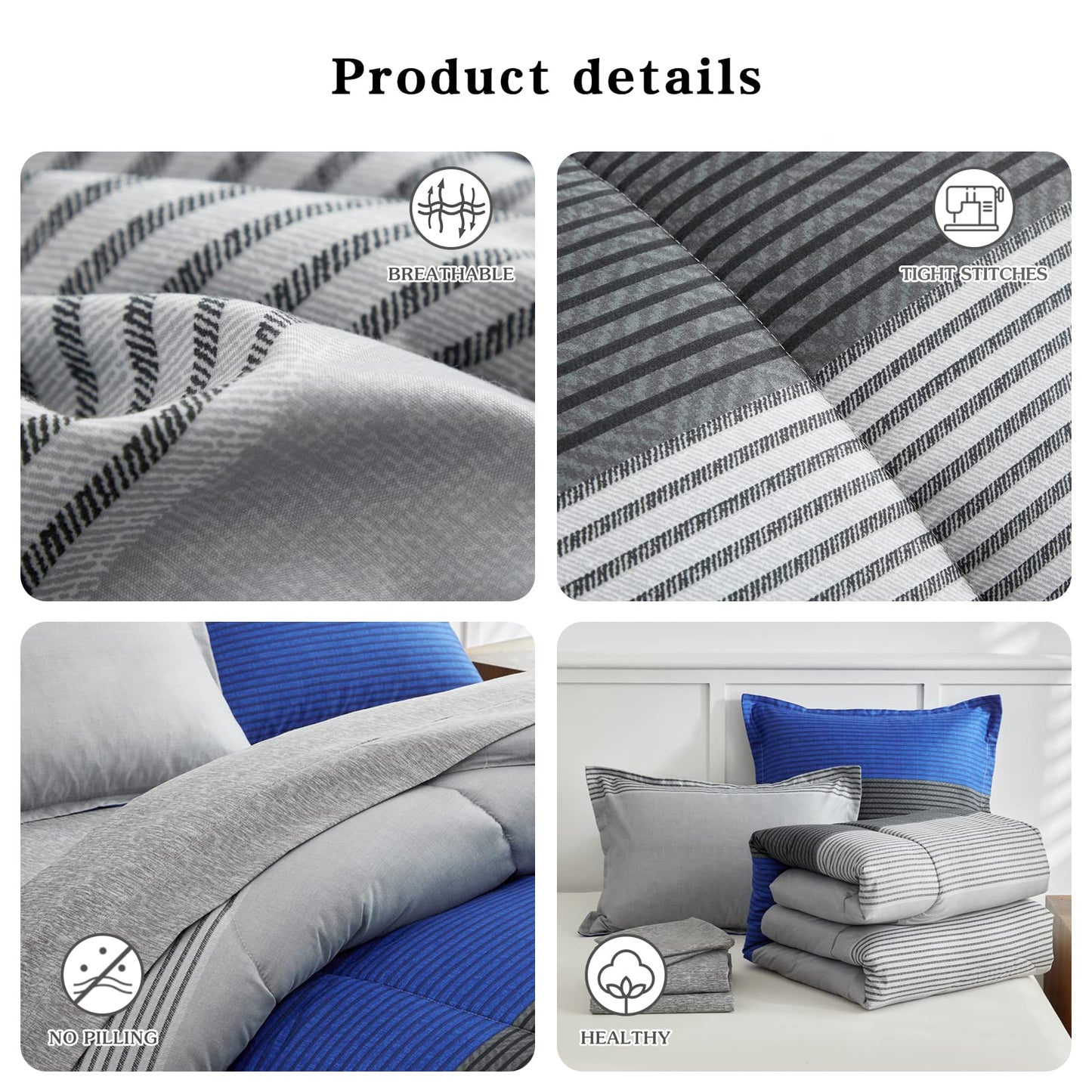 Flysheep Ombre Striped Bed in a Bag 7 Pieces Queen Size, Blue and Grey Stripes Comforter Sheet Set (1 Comforter, 1 Flat Sheet, 1 Fitted Sheet, 2 Pillow Shams, 2 Pillowcases)