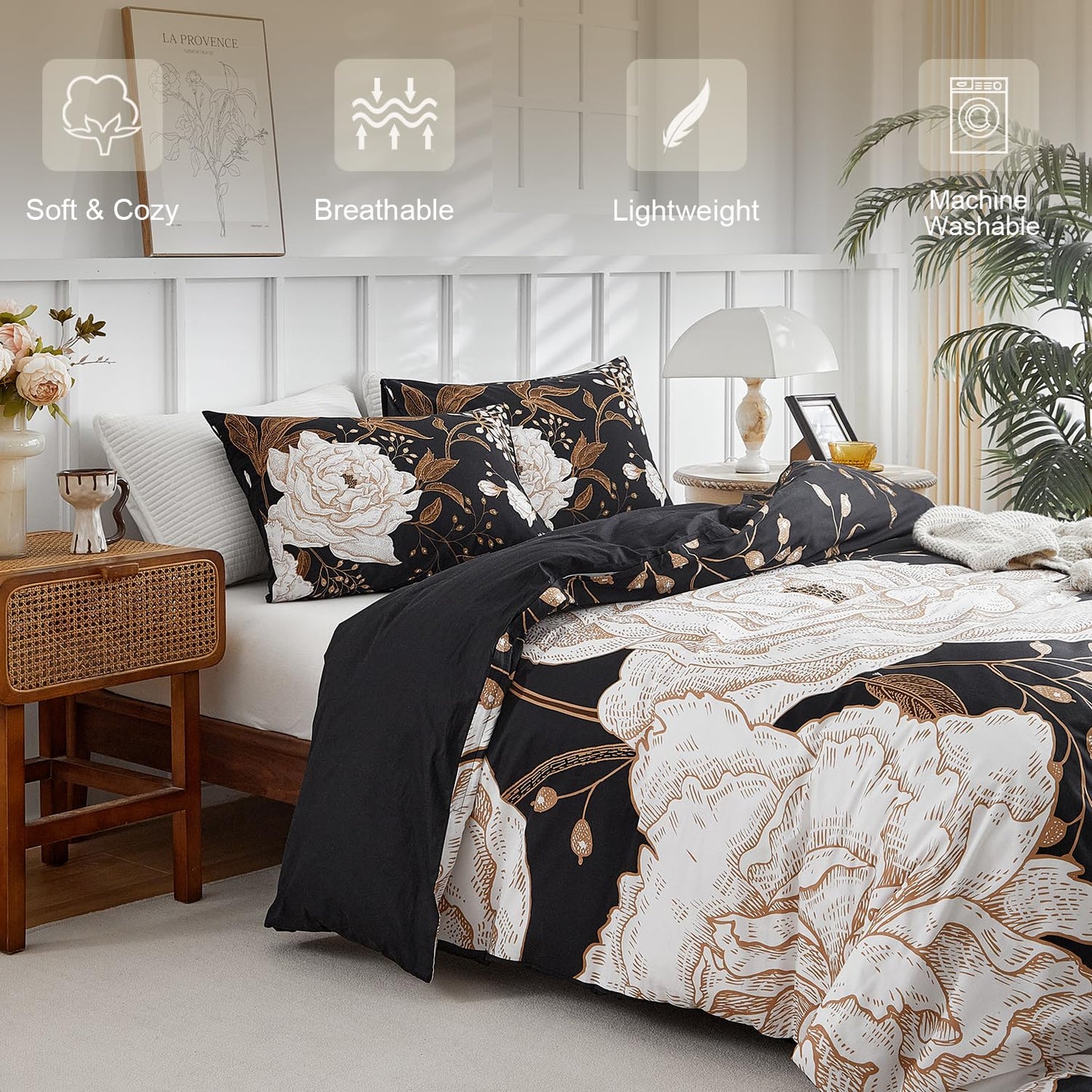 mixinni Floral Duvet Cover King Size, 3 Pieces White Flowers and Gold Leaves Printed on Black Bedding Set, Soft Premium Cotton Reversible Elegant Floral Duvet Cover Set for All Season-King Size