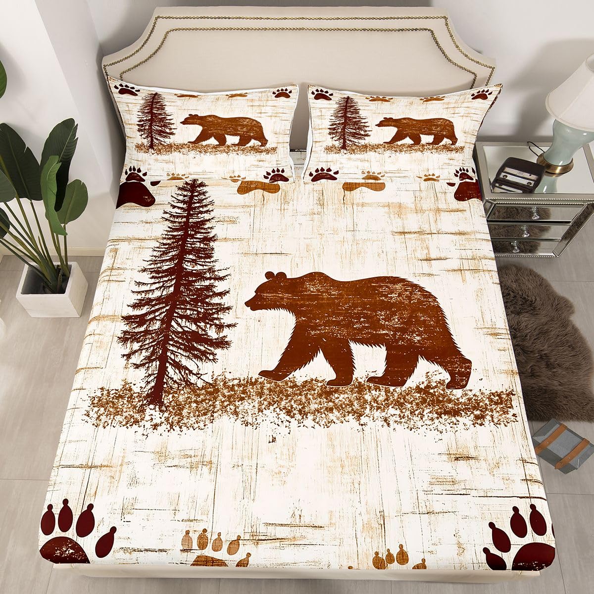 Erosebridal Bear Sheet Set Full | Rustic Farmhouse Bed Sheets for Kids Boys Girls Wildlife Jungle Hunting Flat Fitted Sheet Countryside Wild Animal Sheets 3 Pcs