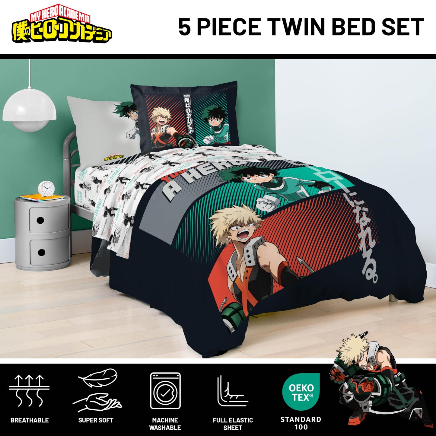 Jay Franco Kids Bed Set, Black, My Hero Academia, 5 Piece Twin