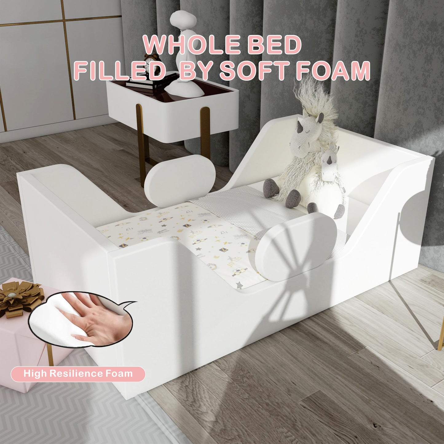 weeonekids Toddler Bed, Child Bed for Kids with Extra Safty Broad, Standard Crib Size Toddler Bed, Certified Fabric Toddler Beds,Toddler Flood Bed (White)