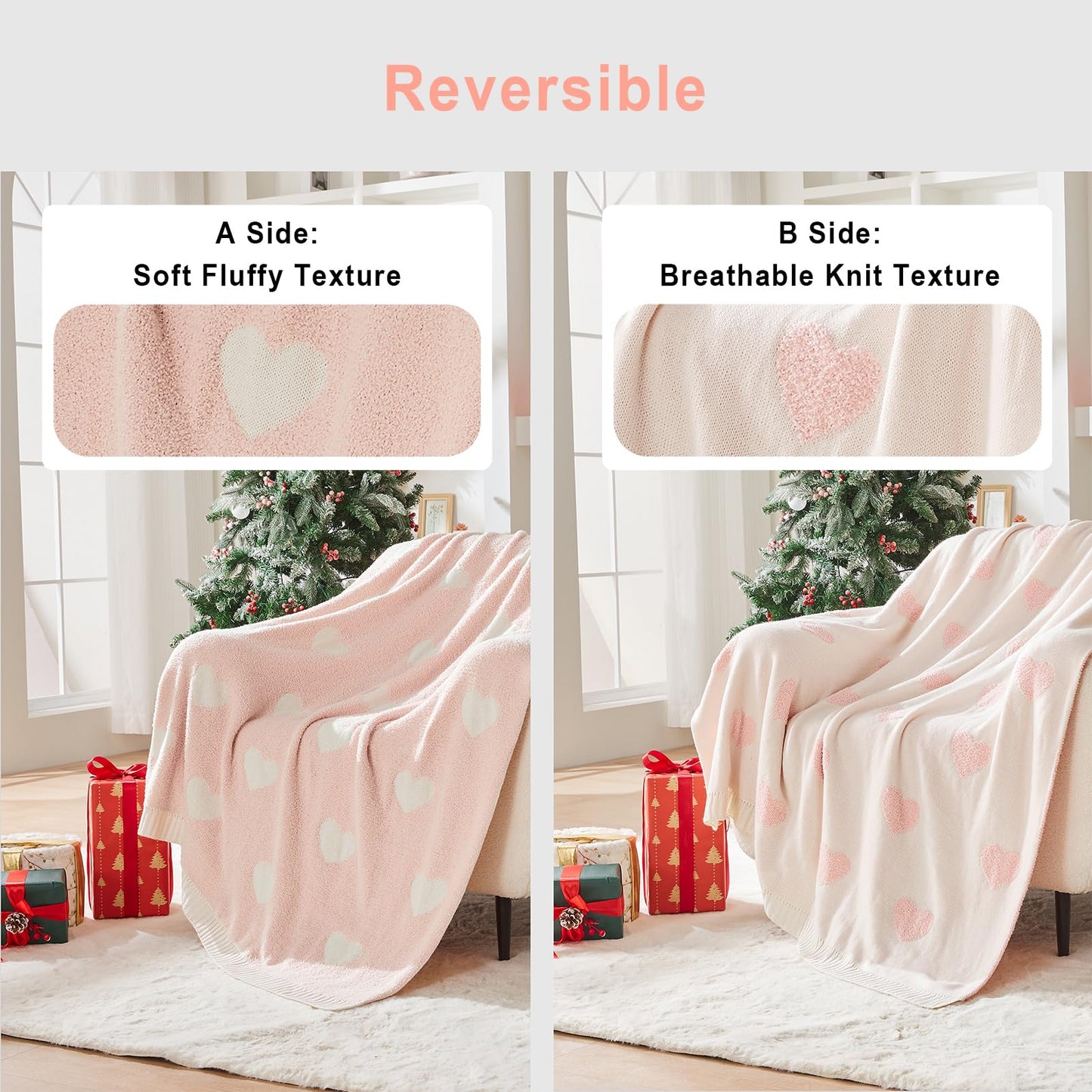 Douceur Love Heart Throw Blanket, Ultra Soft Pink Fluffy Valentine’s Day Blanket, Reversible Cozy Decorative Blanket for Bed Couch Sofa, Super Soft Indoor Living Room Plush Throws, 50"X60"