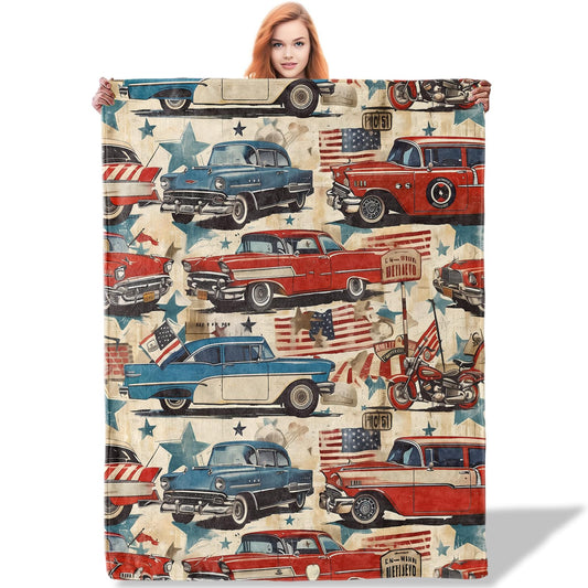 Plistiz Retro Americana Throw Blanket 50x60 Inch, Vintage Car and Motorcycle Blankets for Home Decor, Classic American Flag and Auto Illustration, Flannel Throw, Nostalgic Gifts for Collectors