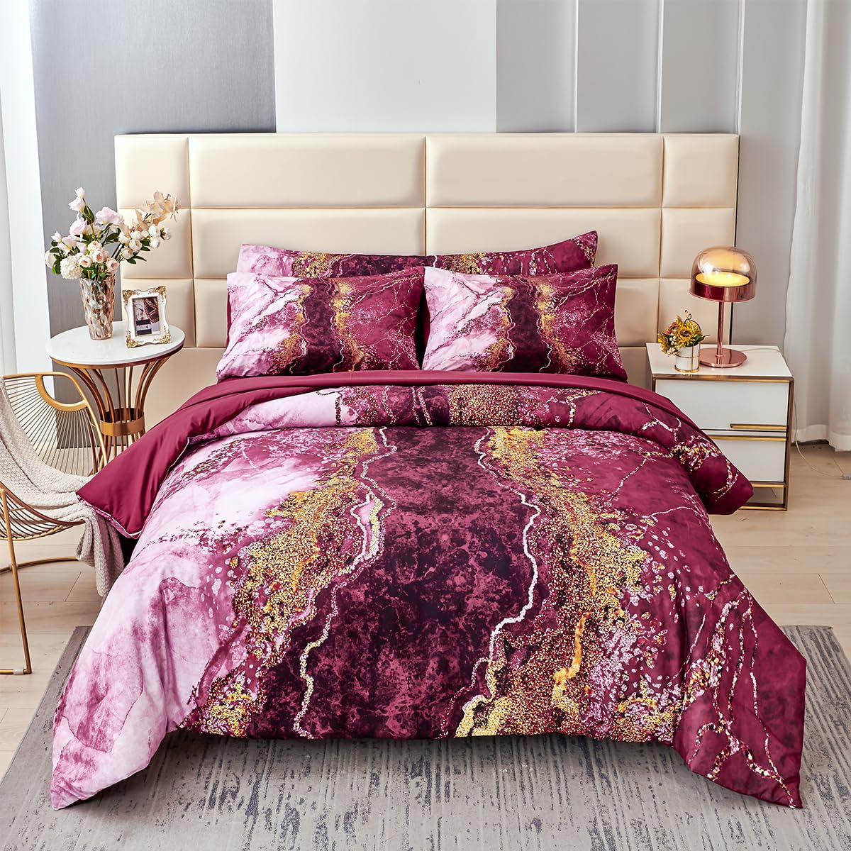 PERFEMET 6-Piece Bed in A Bag Queen Burgundy Marble Comforter Set with Sheets Aesthetic Retro Artwork Style Dark Red Bedding Set for All Season(Burgundy, Queen)