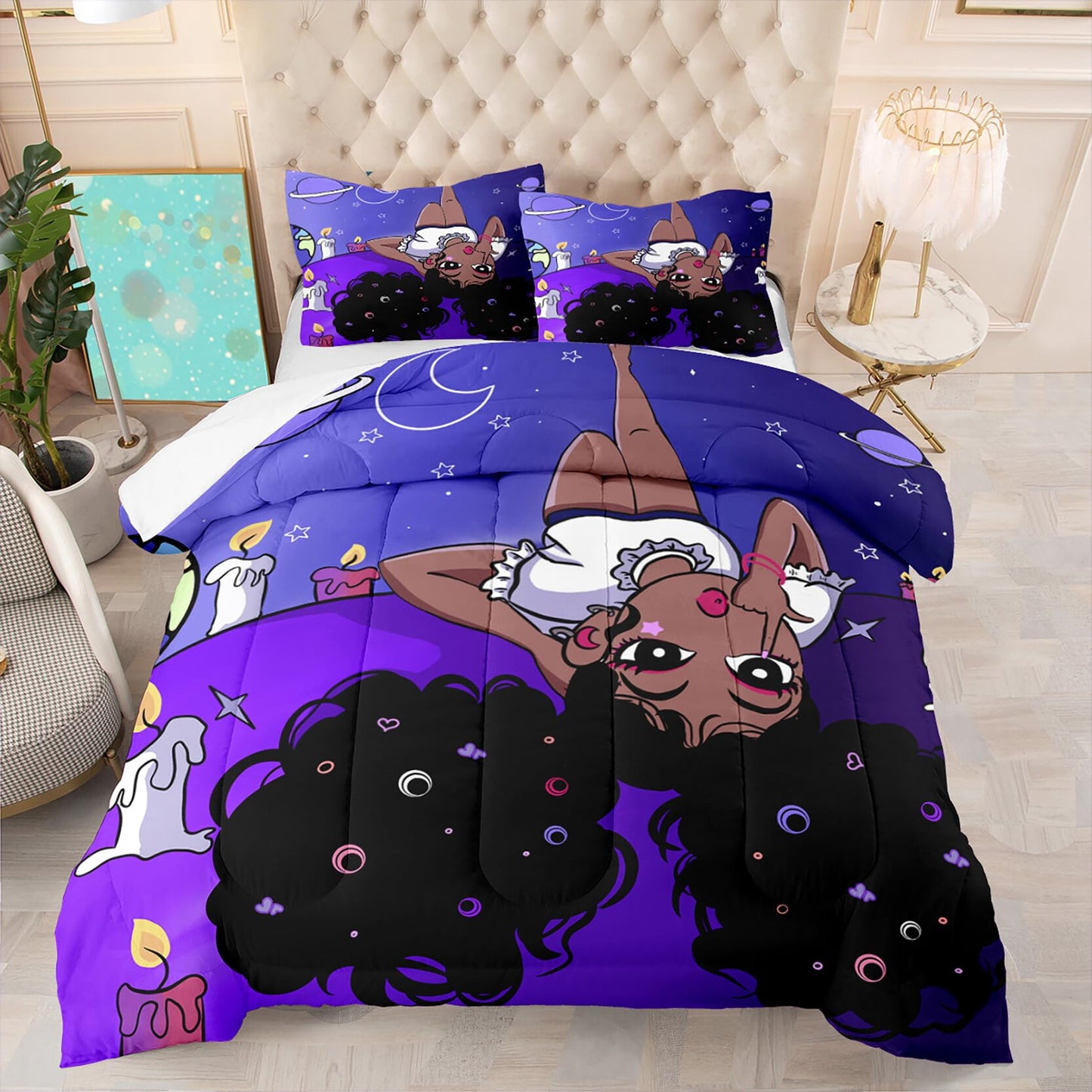 kodhyvj Black Girl Bedding Full Size Girls Comforter Set for African American - Purple Princess Bed Set with 1 Comforter + 2 Pillowcases