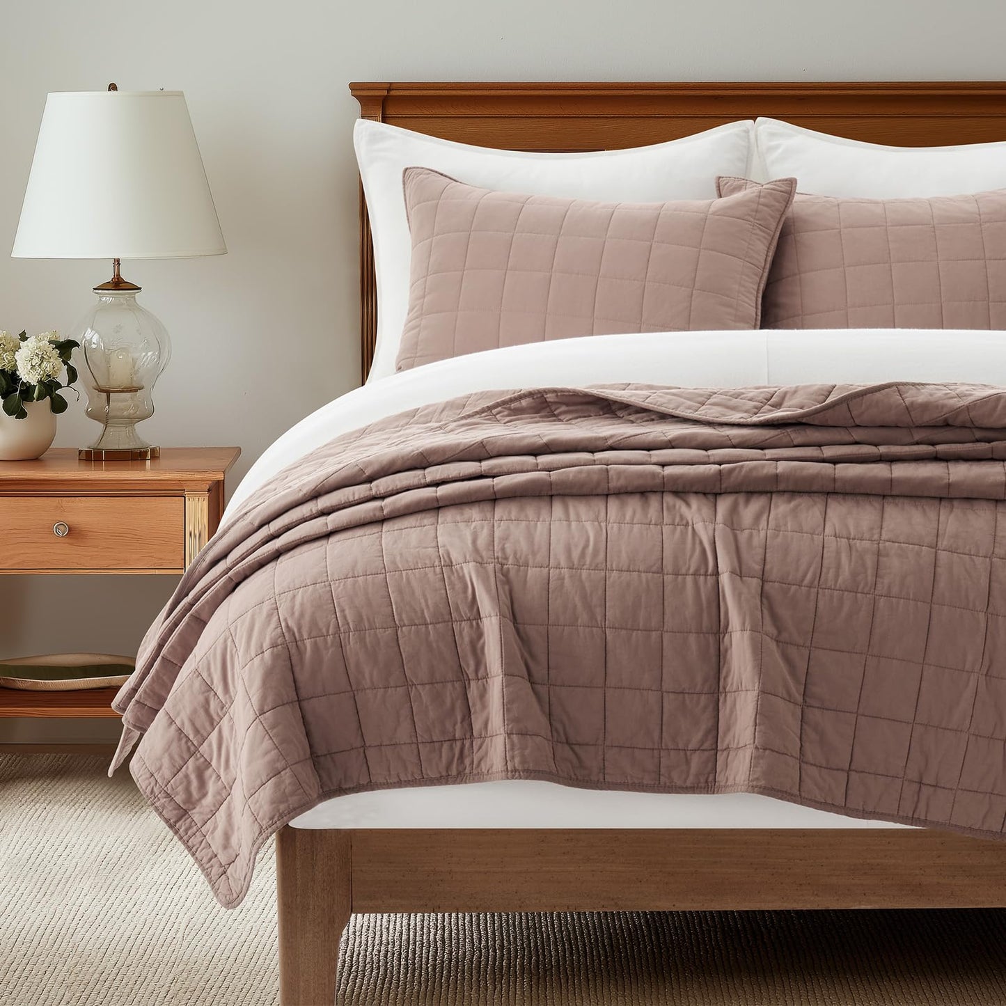 EVERGRACEHOME 100% Cotton Box Stitch Quilt Bedding Set Queen Size 3 Pieces, Garment-Washed Lightweight Soft Cozy Coverlet, Quilted Bedspread Sets with 2 Shams for All Season, Clay