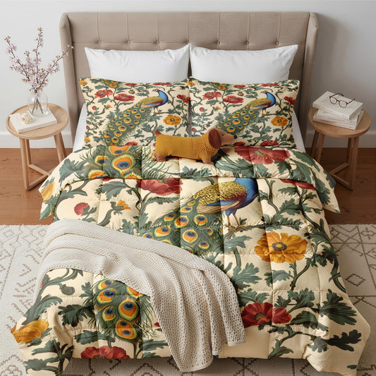 Peacock Comforter Twin Size - 2 Pcs Bed Set, All Season Comforter & Pillowcase, Floral Bedding Set, Soft Lightweight Down Alternative Duvet Insert, Oriental Asian Bedroom Decor